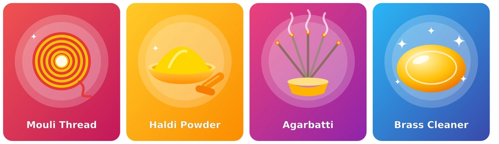 Diwali pooja extras: mouli thread, haldi, agarbatti, brass cleaner