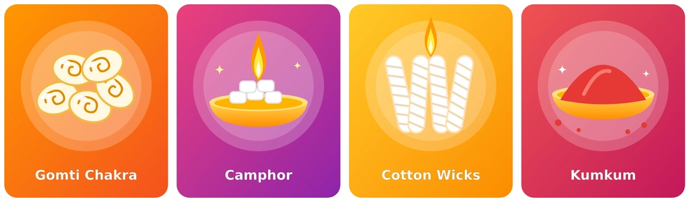 Diwali pooja essentials: gomti chakra, camphor, cotton wicks, kumkum