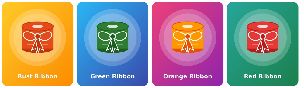 Satin ribbons in rust, green, orange and red for Diwali decoration