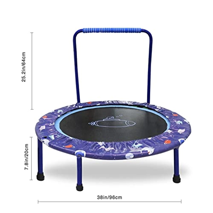 38” Trampoline for Kids Folding Mini Toddler Trampoline with Handle Safety Protective Pad Cover Jumping Mat Indoor/Outdoor Round Bounce Jumper Best Gift Shark Pattern (Blue)