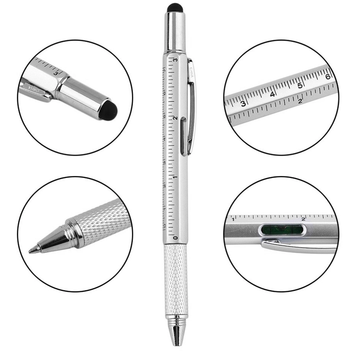 Touch Screen Stylus Ballpoint Pen with Screwdriver Spirit Level Scale Ruler 7 in 1 Multifunctional (Full Metal) Touch Screen Stylus Ballpoint Pen