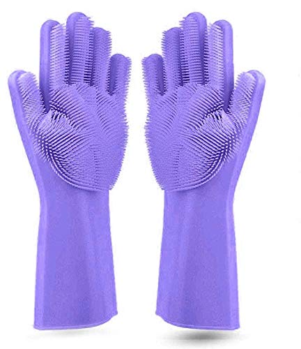 Reusable Dishwashing Cleaning Gloves with Latex free, Cotton lining,Kitchen  Gloves 2 Pairs,Purple+blue