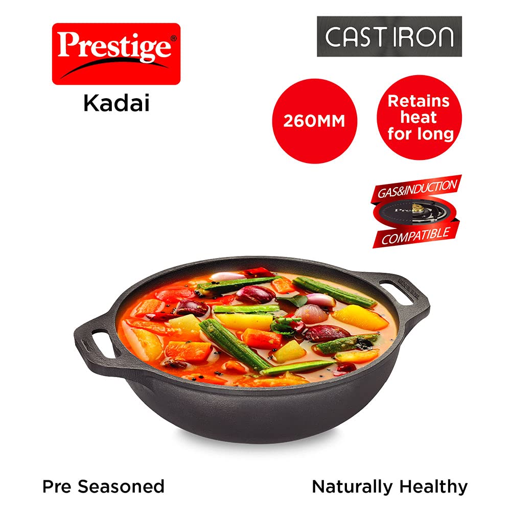 Prestige Cast Iron Kadai, 260 mm (Black)