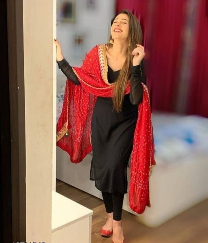 Indian Women's Stylist Dupion Silk Kurta Pajama Stitched, Readymade Kurti  Pant Set Handwork Laces Round Neck Half Sleeve. Color-Black (32