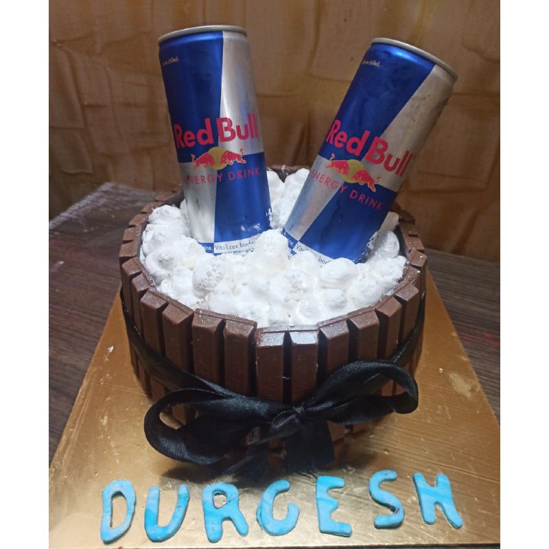 Nit's bake - Red bull dripping cake for aryans bday .. Perfect#eggless#cake #butter#scotch#falour#and#loaded#butter#scotch#nuts#fav#drink#for#aryan#red# bull😋 | Facebook