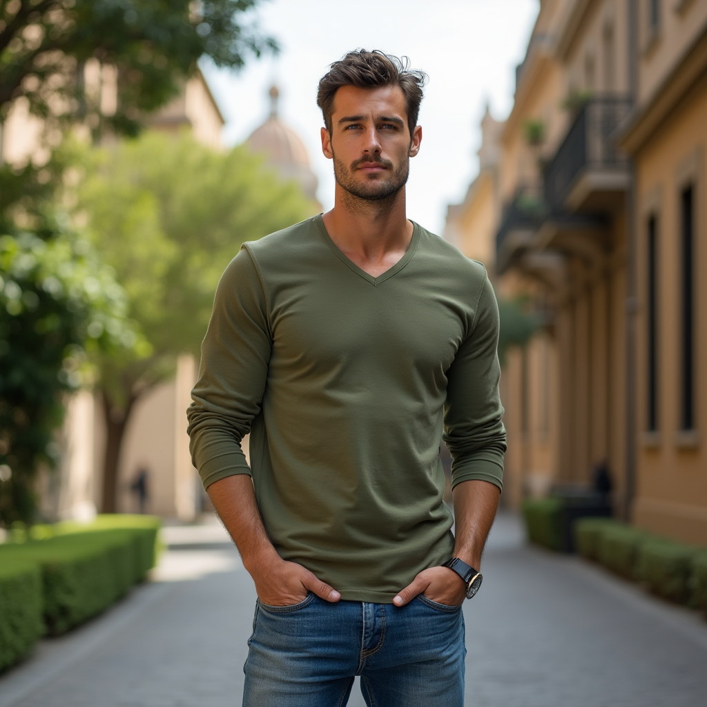 Olive Green V Neck Pique Long Sleeve Crew | Shop Now