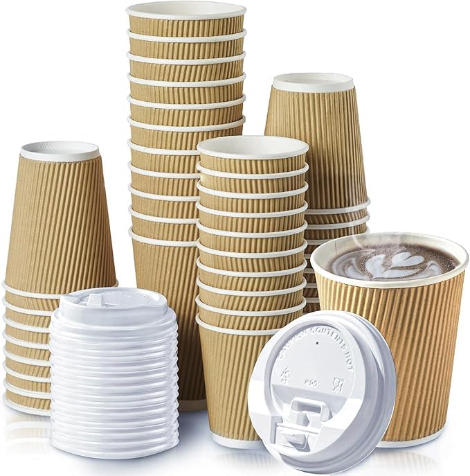 240ml Brown Ripple Wall Paper Cups with White lid - Disposerve Packaging
