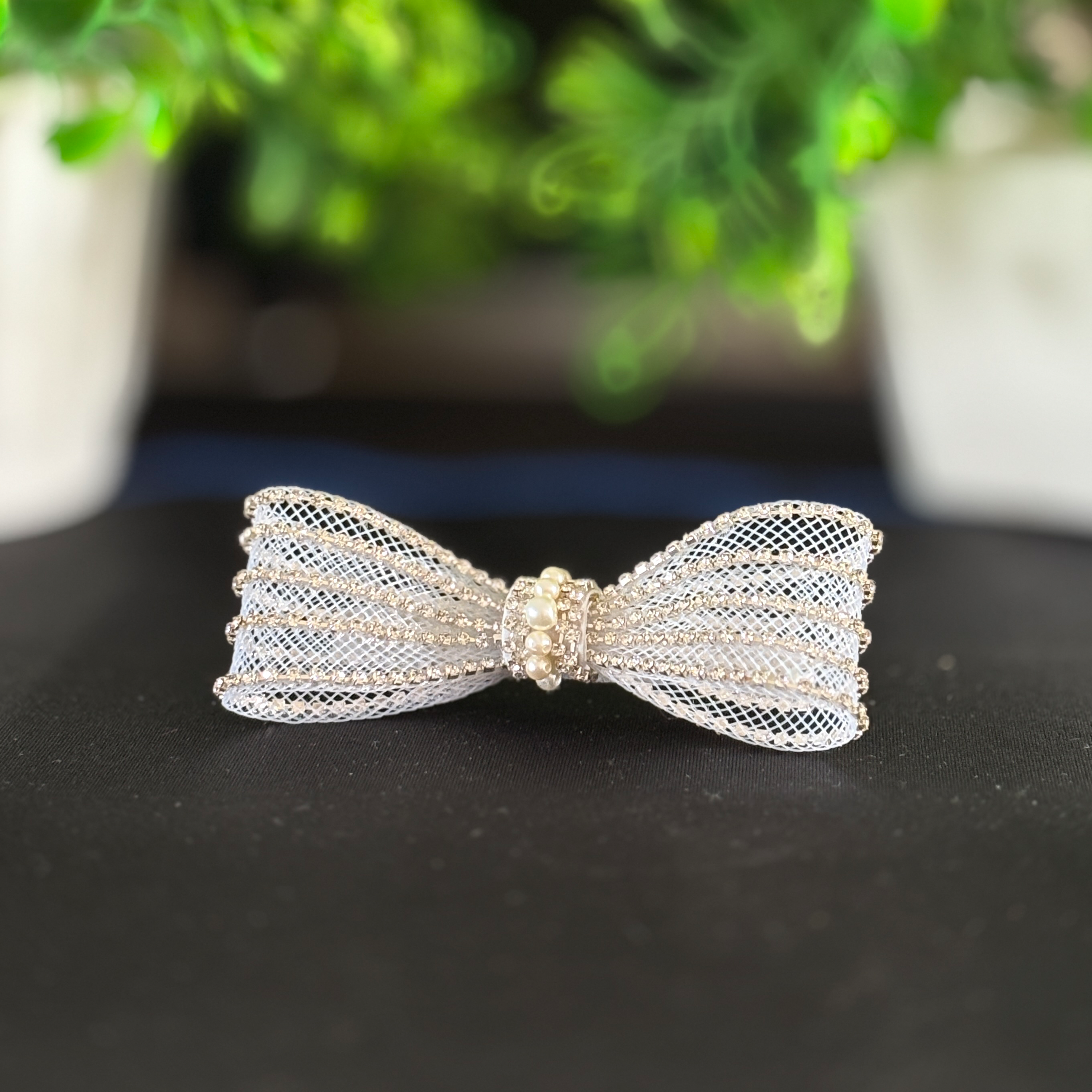 White Pearl & Crystal Hair Bow | Elegant Hair Clip for Women