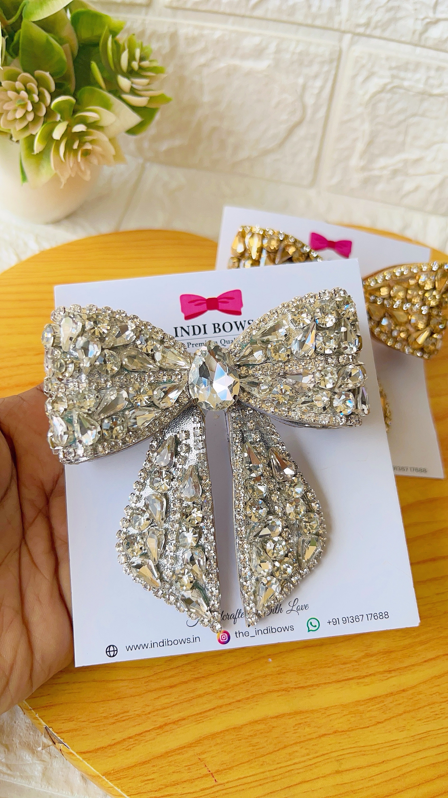 Embellished Crystal Hair Bow Barrette Clip - Silver - INDI BOWS display picture 1