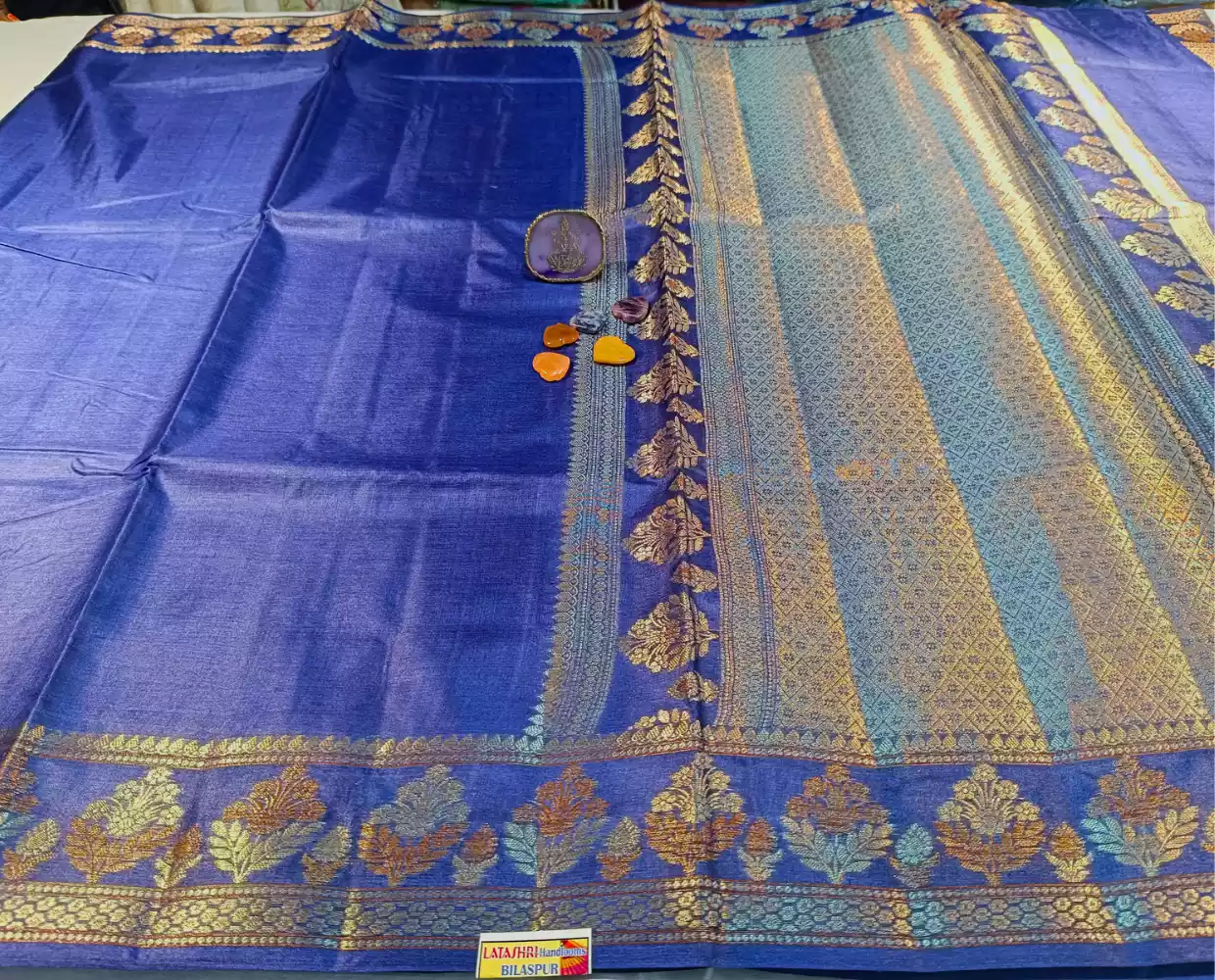 Navy Blue Art Silk Saree with Gold Zari Woven Border