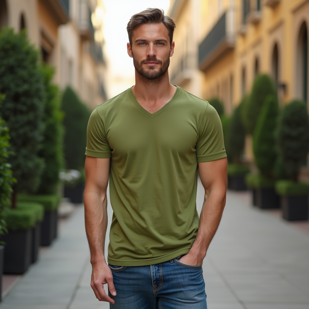 Olive Green V Neck Short Sleeve Crew - Top Quality