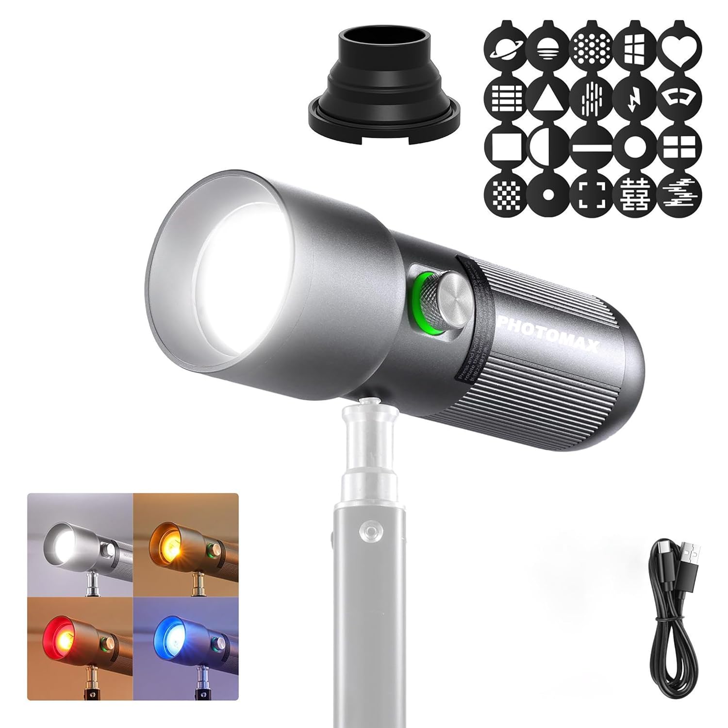 PHOTOMAX M-10 Portable Snoot Flashlight for Photography – 10W LED Spotlight with 4 Colors & 20 Pattern Effects | Adjustable Background Light 4340Lx / 0.3m for Video & Studio Shooting