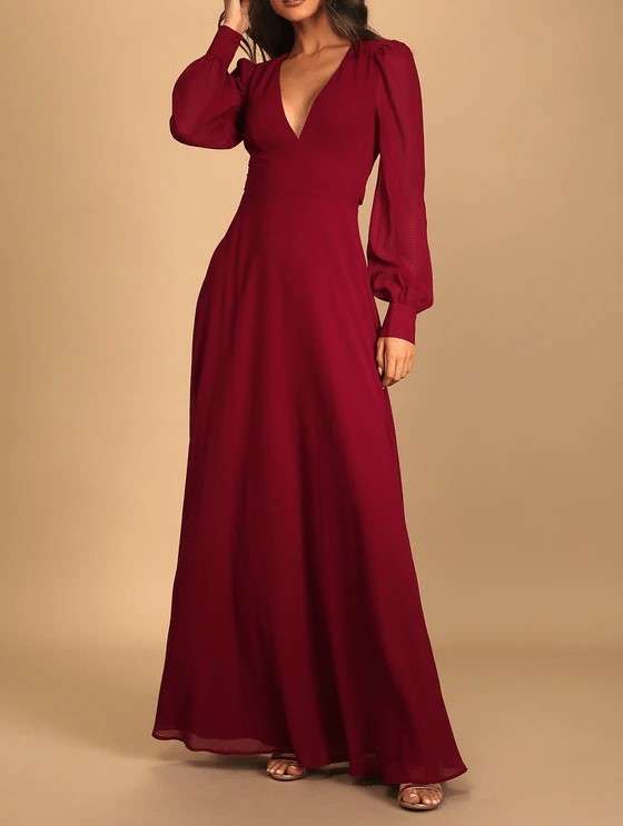 Maxi Dress For Women | Burgundy Long Sleeve Backless Maxi Dress With Back Tie | Xxl | Custom