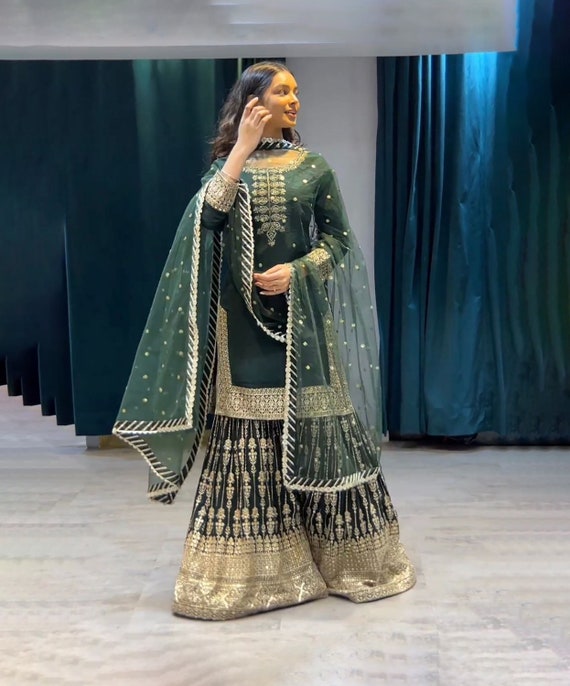 Green Sharara 3 Piece Set - Premium Pakistani Embroidery Green Sharara 3 Piece Set - Premium Pakistani Embroidery