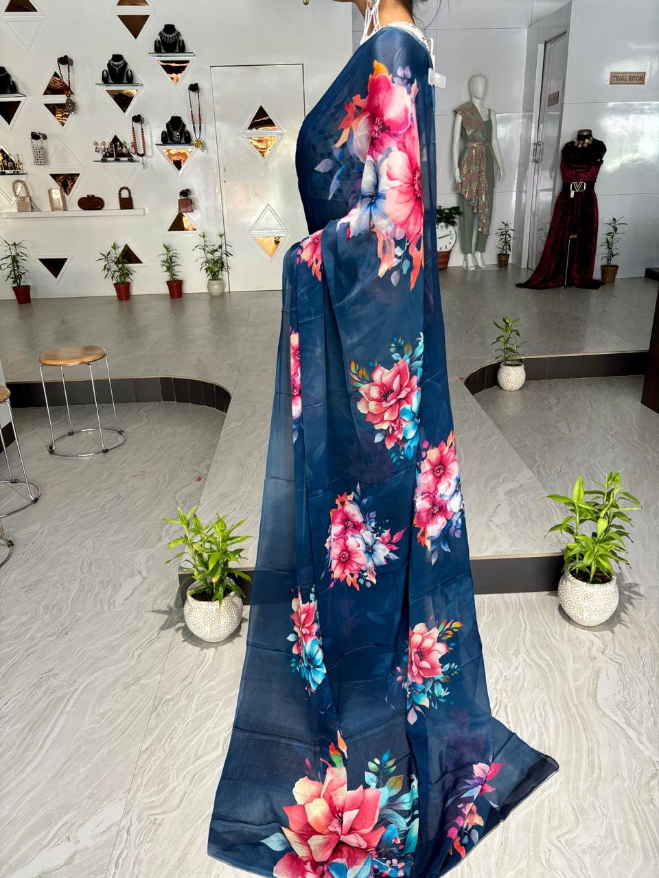 Floral x Brasso Chiffon Saree - Ash Blue