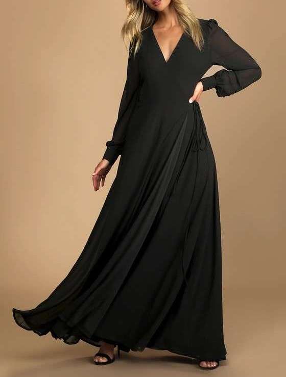 Black Long Sleeve Shirt Collar Wrap Maxi Dress main image 0