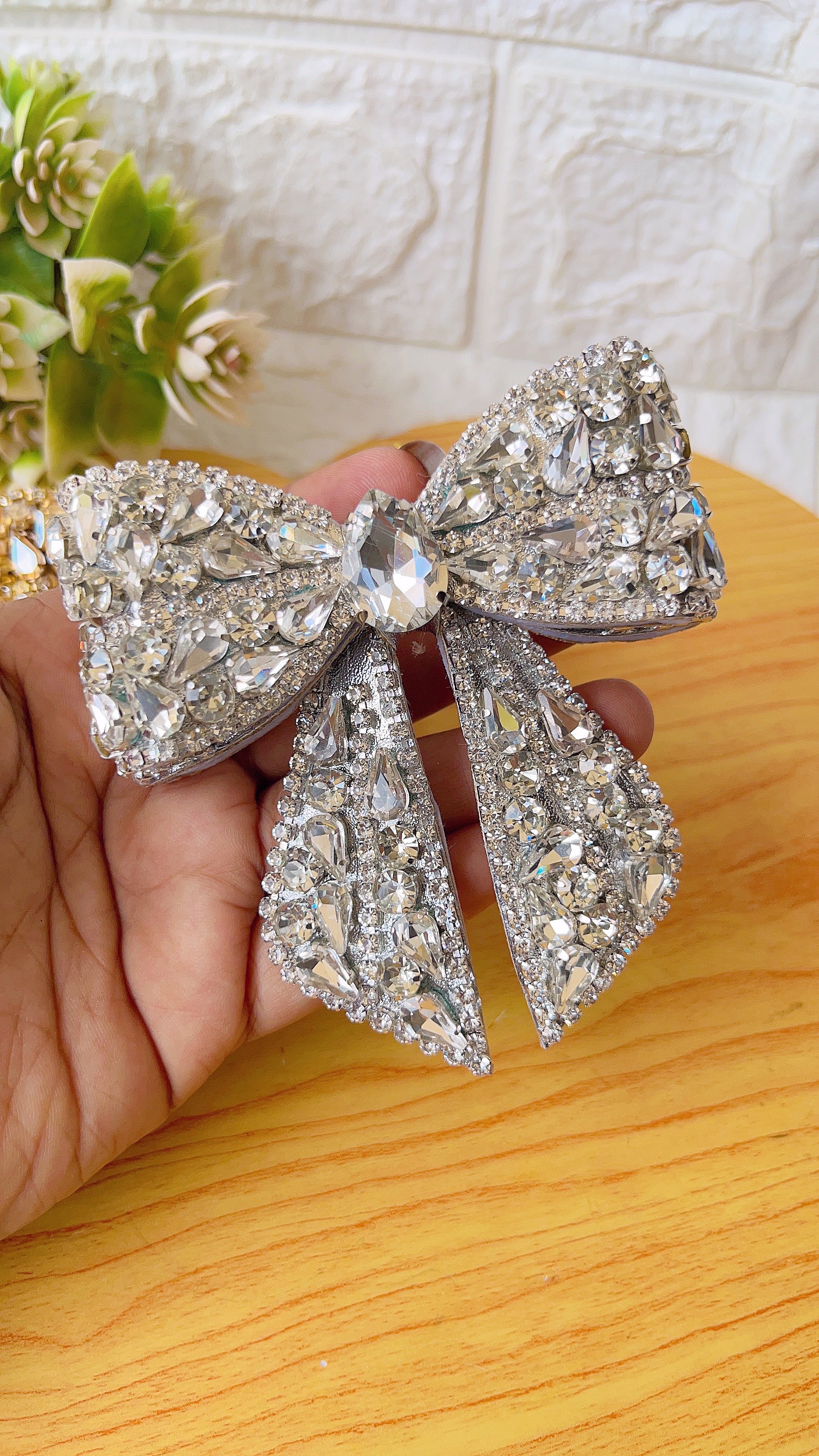 Embellished Crystal Hair Bow Barrette Clip - Silver - INDI BOWS display picture 3