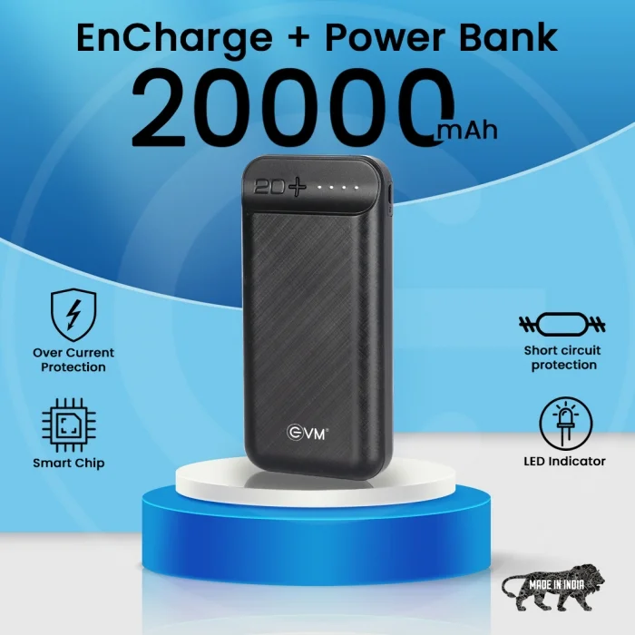 EVM Encharge Plus 20000 mAh Li-polymer Power Bank, Over Voltage Protection,  Over Temperature Protection, LED Indicators, USB, Micro-USB, Type-C Ports 