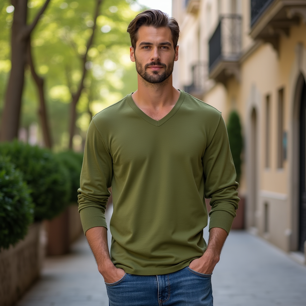 Olive Green V Neck Long Sleeve Crew - Premium Quality