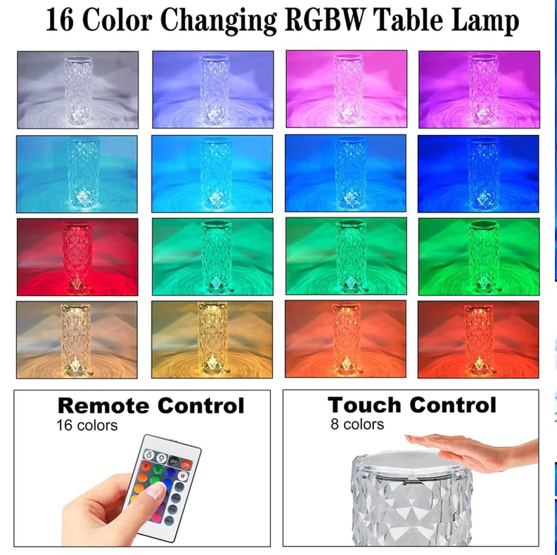 16-Color Artificial Crystal Table Lamp – Rose Diamond LED Lamp With Remote & Touch Control, RGB Color Changing, 2000mAh Rechargeable, Cordless, 2-Pack Large