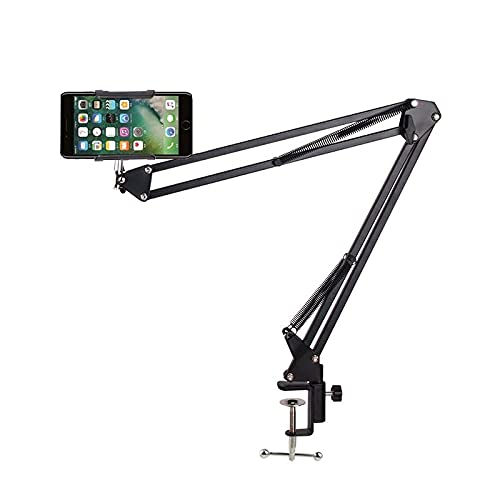 PHOTOMAX Adjustable Desktop Suspension Cell Phone Microphone Boom Scissor Arm Stand Holder with Round Base for Mobile Phone Mic, Phone Clip Arm with Table Mounting Clamp Suitable for Live Broadcast