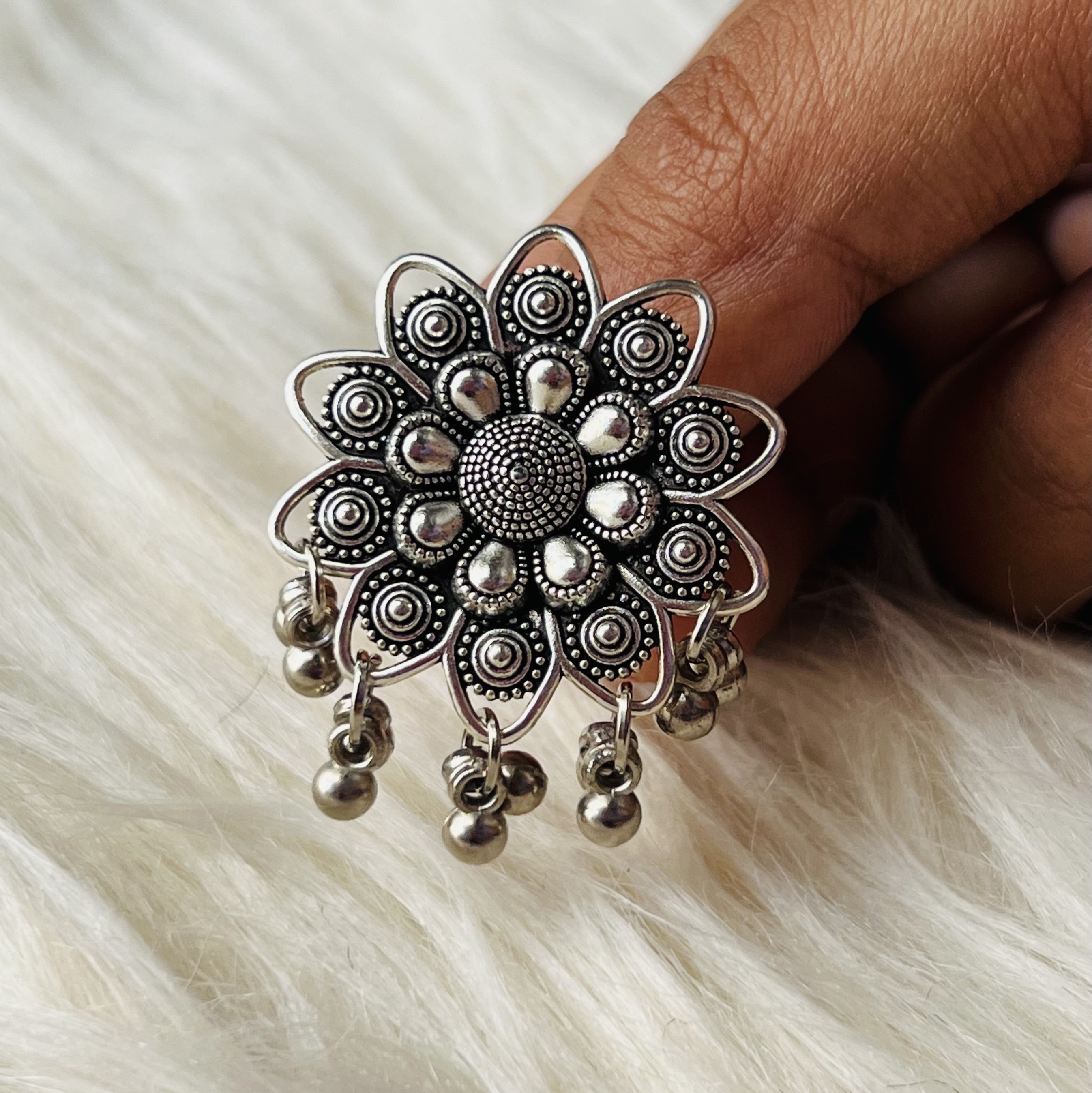 Buy Priyaasi Half-Flower Ghunghroo Oxidised Silver Ring online