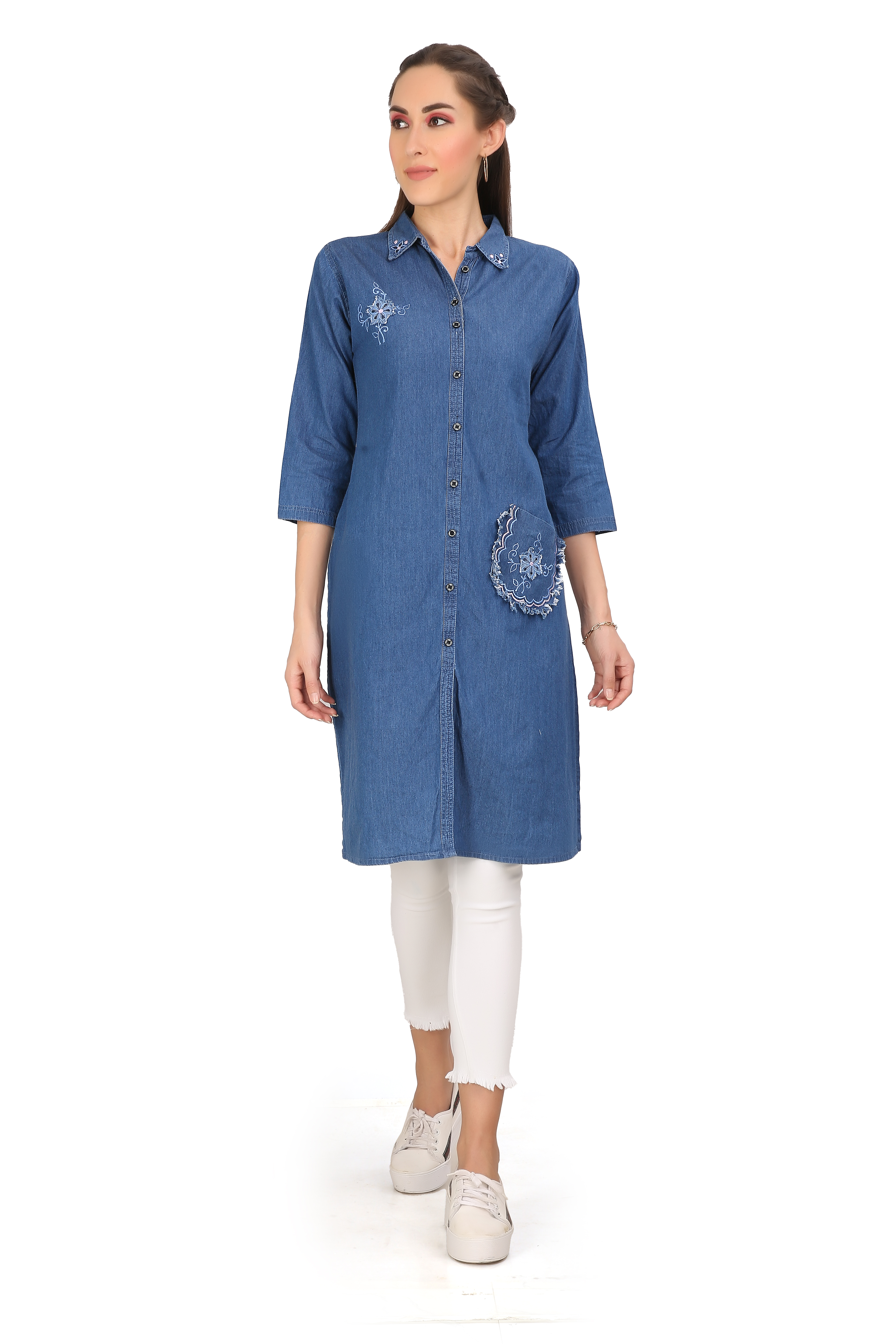 Casual Wear Ladies 3/4th Sleeve Round Neck Blue Denim Kurti at Best Price  in Surat | Vishwa Creation