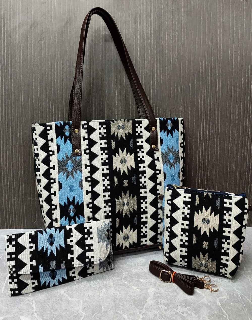 Jacquard Allure: Versatile Combo Bags - Blue Weave