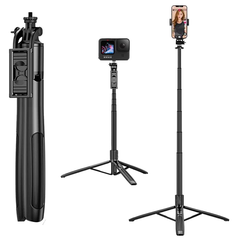 PHOTOMAX Q05 Selfie Stick with Tripod Stand Extra-Long Selfie Stick with Large Reinforced Tripod Stand 61 inch/156 cm, Super Long Multi-Function Bluetooth Selfie Stick for YouTube