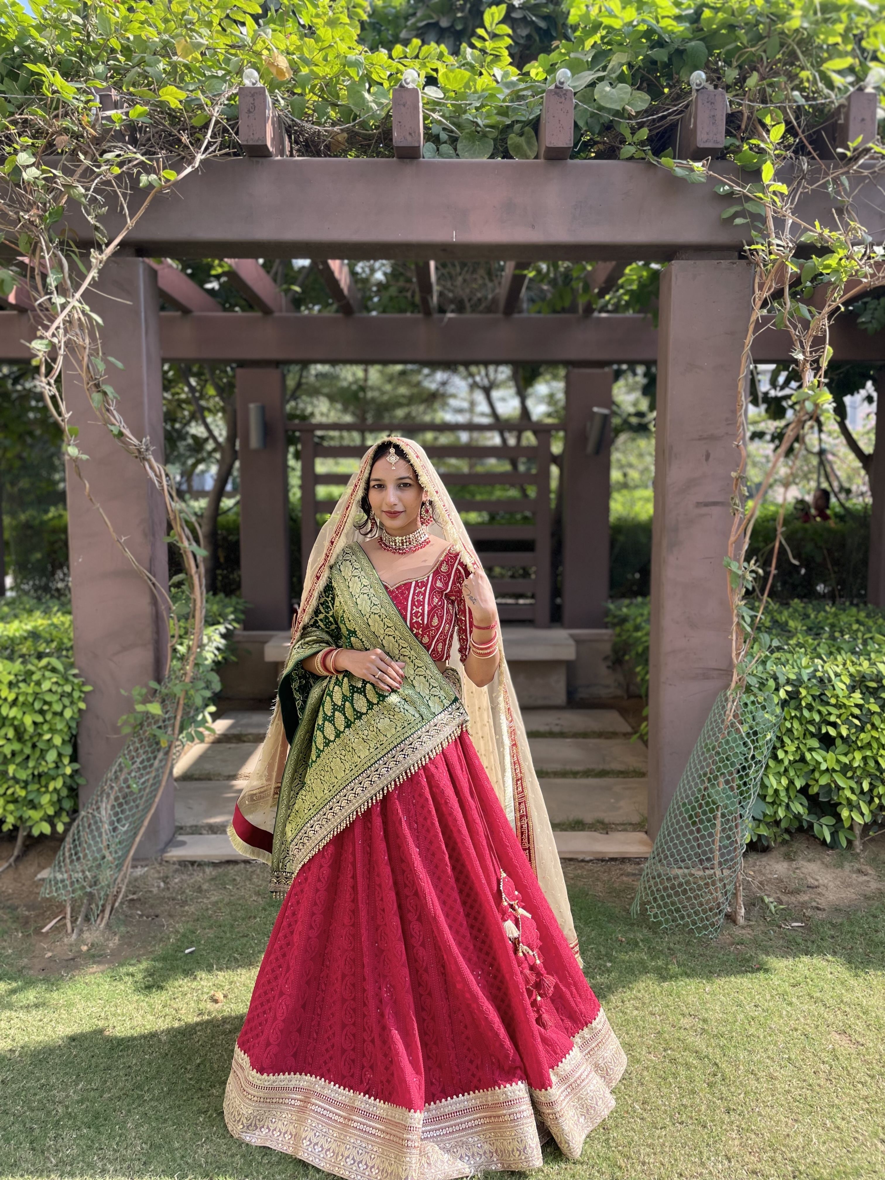 Red & White Bridal Lehenga With Green Bandhani Dupatta- Annu's Creation