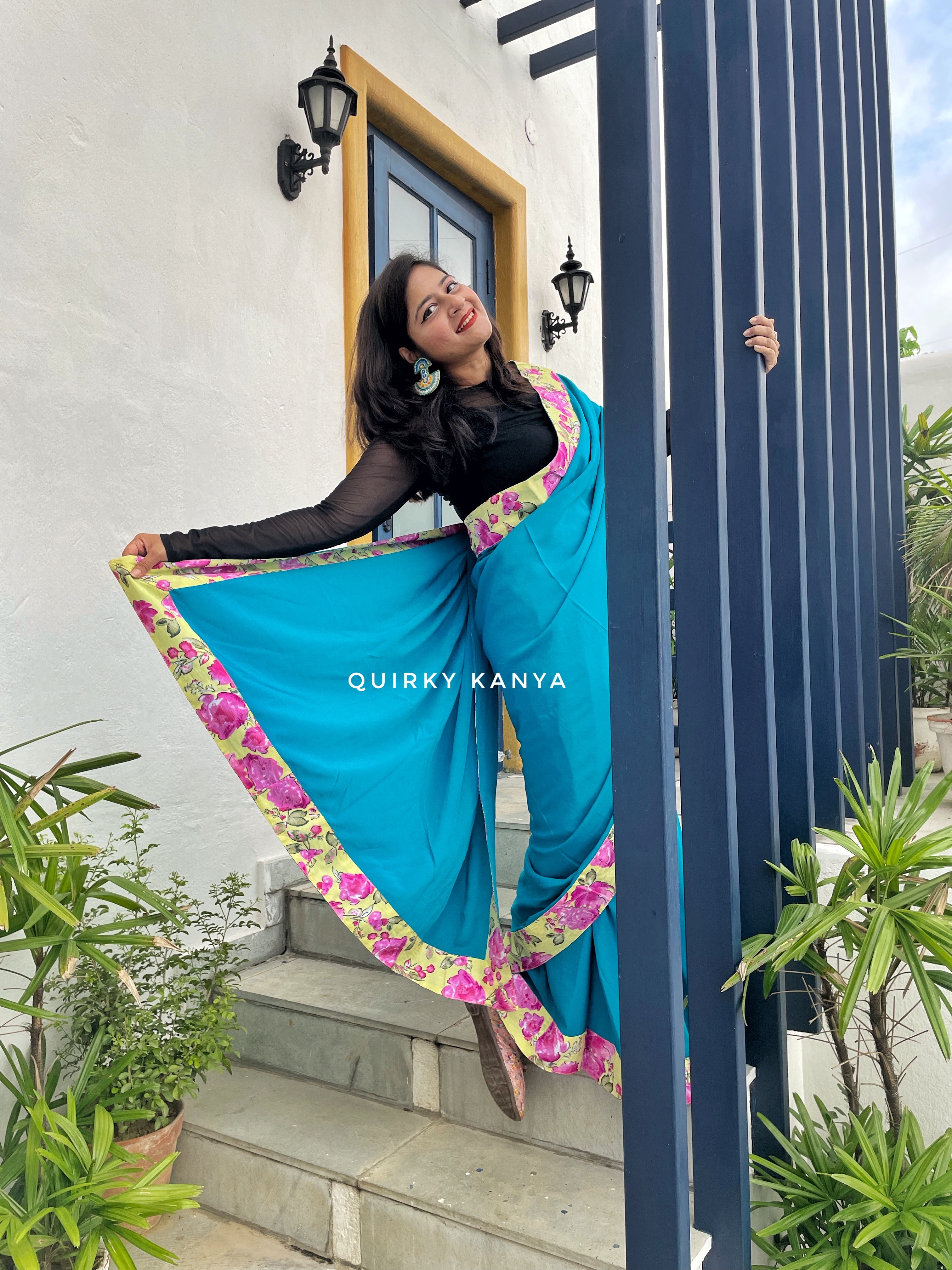 Teal Blue Glasse Tissue One Minute Saree – House Of Mahalasa