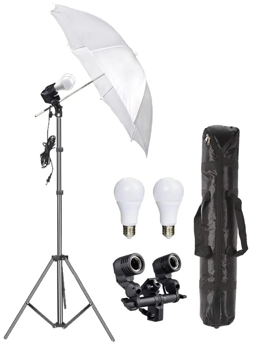 PHOTOMAX Umbrella Light Kit for Photography, Studio with 20 Watt Light for Photography Videography & 9ft Light Stand with Double Bulb Holder (Double-Holder-Kit-Pair-1)