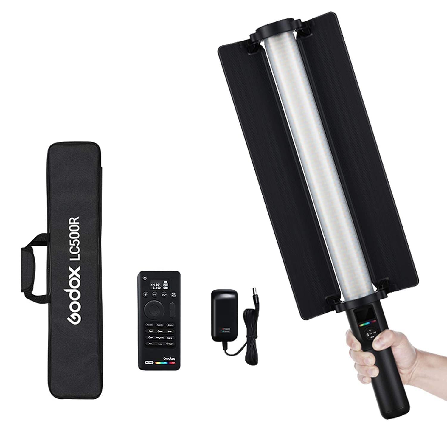 Godox LC500R with Remote RGB Stick Light | 2500K-8500K Color Temperature | 14 Lighting Effects | Light Stick with Barndoor & Carry Bag
