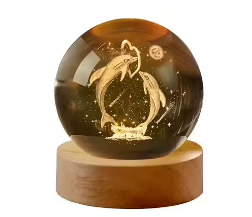 3D Crystal Ball with LED Wooden Base, Crystal Dolphin Figurine Paperweight Ornaments, 3D Laser Engraved Decorative Glass Ball Birthday Gifts for Girls or Boys(Dolphin)