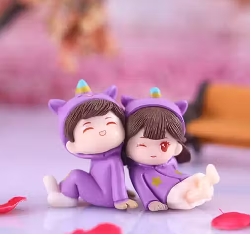 Purple Romantic Couple Statue Boy Kissing Girl Forehead (Sitting, Joint Together) Purple Dress Pajamas Couple Cake Topper, Doll House Decor