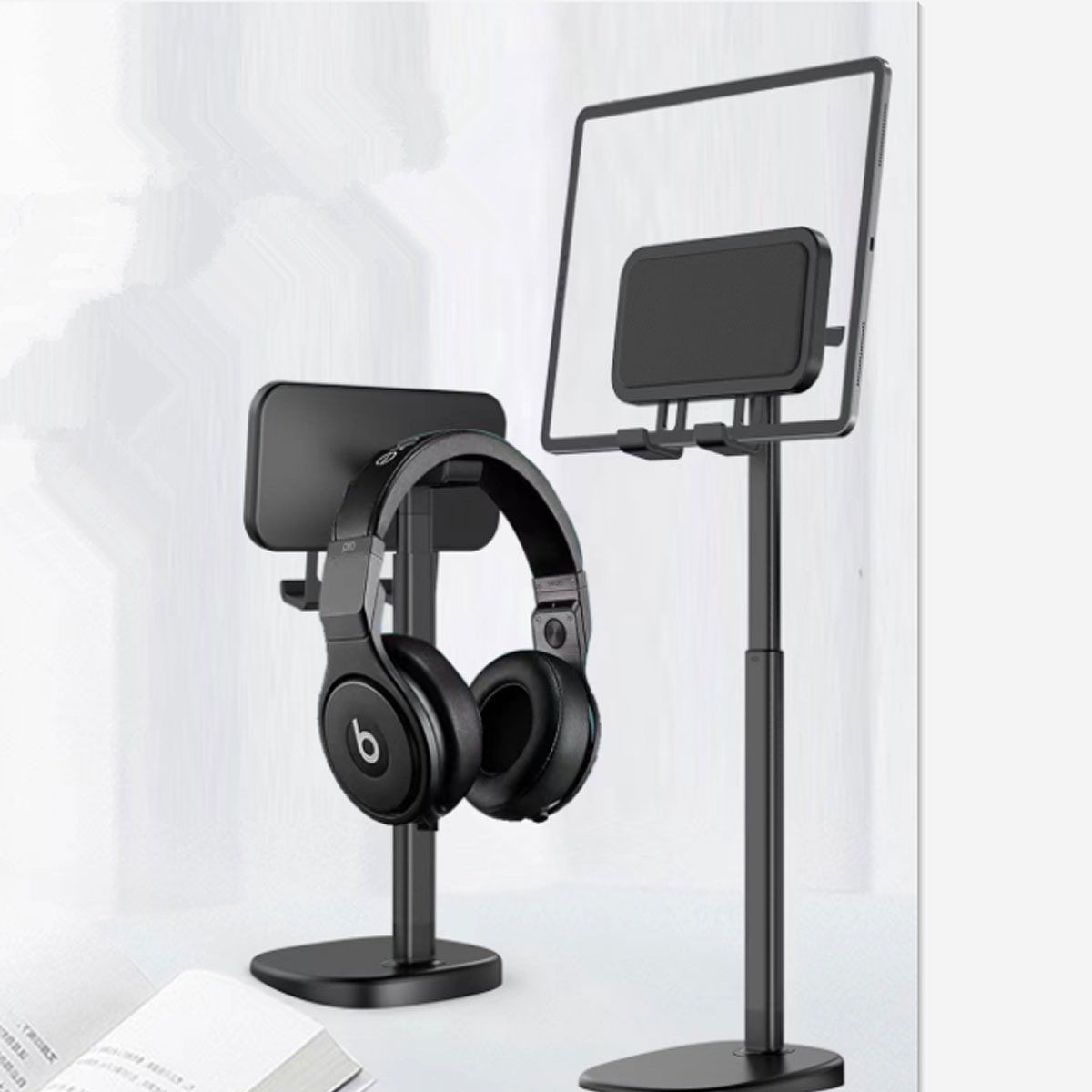 PHOTOMAX Height Adjustable Tablet Desk Stand, 360° Rotating Aluminum Holder with Large Panel for iPad Pro/Air/Mini, iPhone, Samsung & Kindle 4.7"–13" (L 321 Tablet Desk Stand)