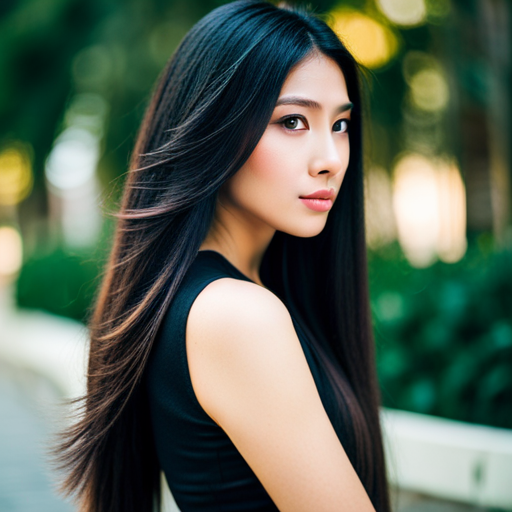 Filipina Woman with long black hair and light skin looks to the side to show off her beautiful long hair.