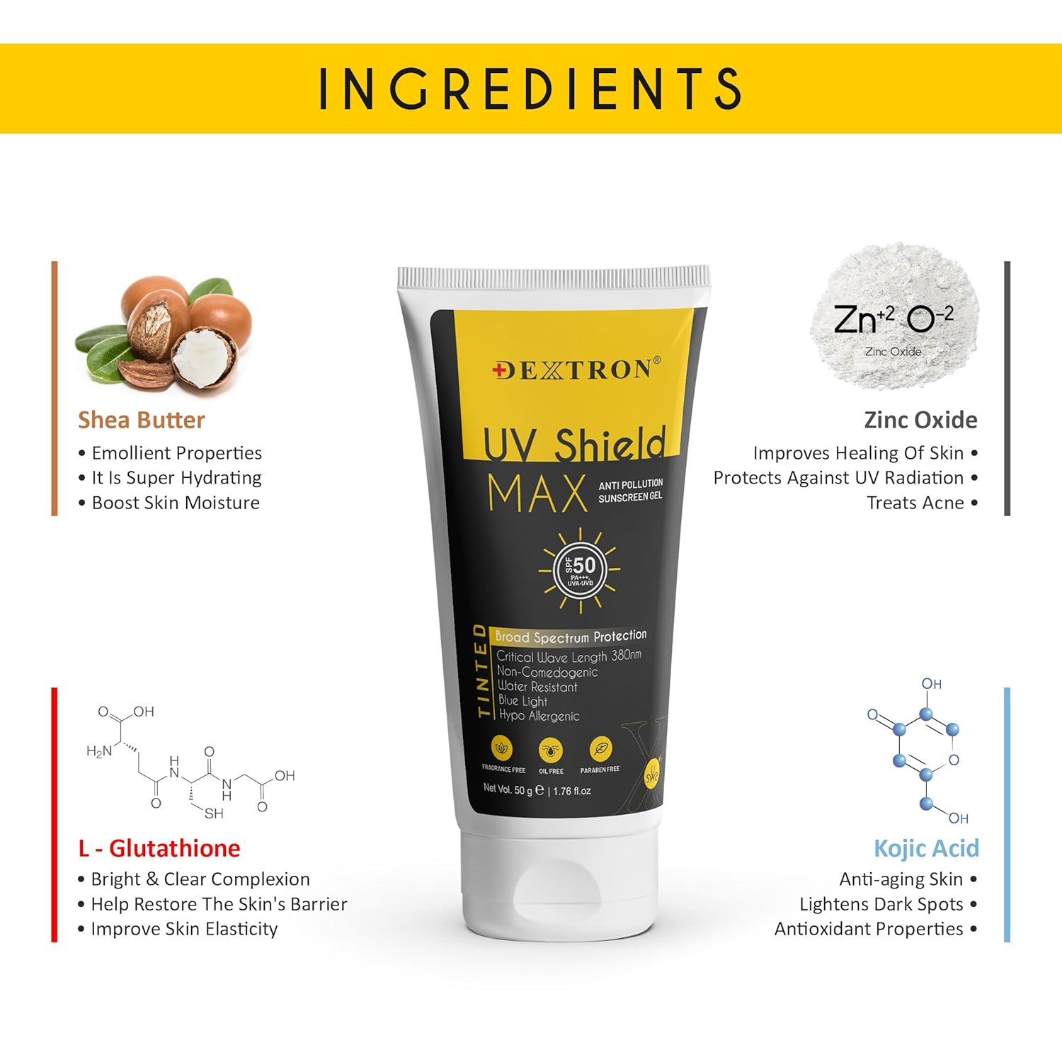 Dextron SPF50 UV Shield Max 50gm – Anti-Pollution, Broad Spectrum, Water-Resistant Sunscreen Gel for Sensitive Skin
