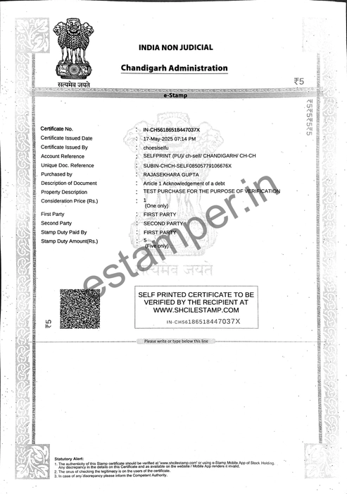 Quick Stamp Papers - Chandigarh Stamp Act | eStamper.in