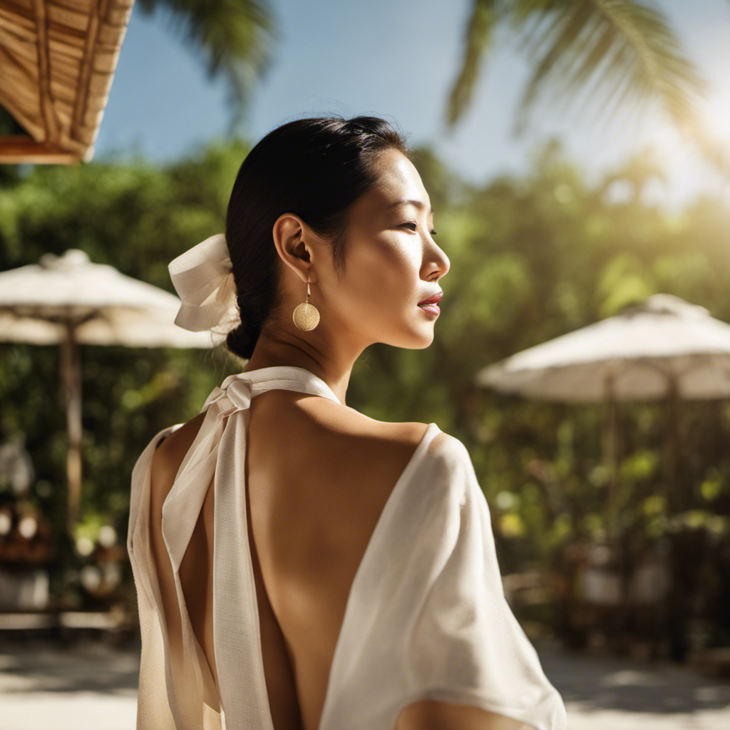 Woman exposes her back in a flowing white beach dress showing why sunscreen with SPF protection is important.