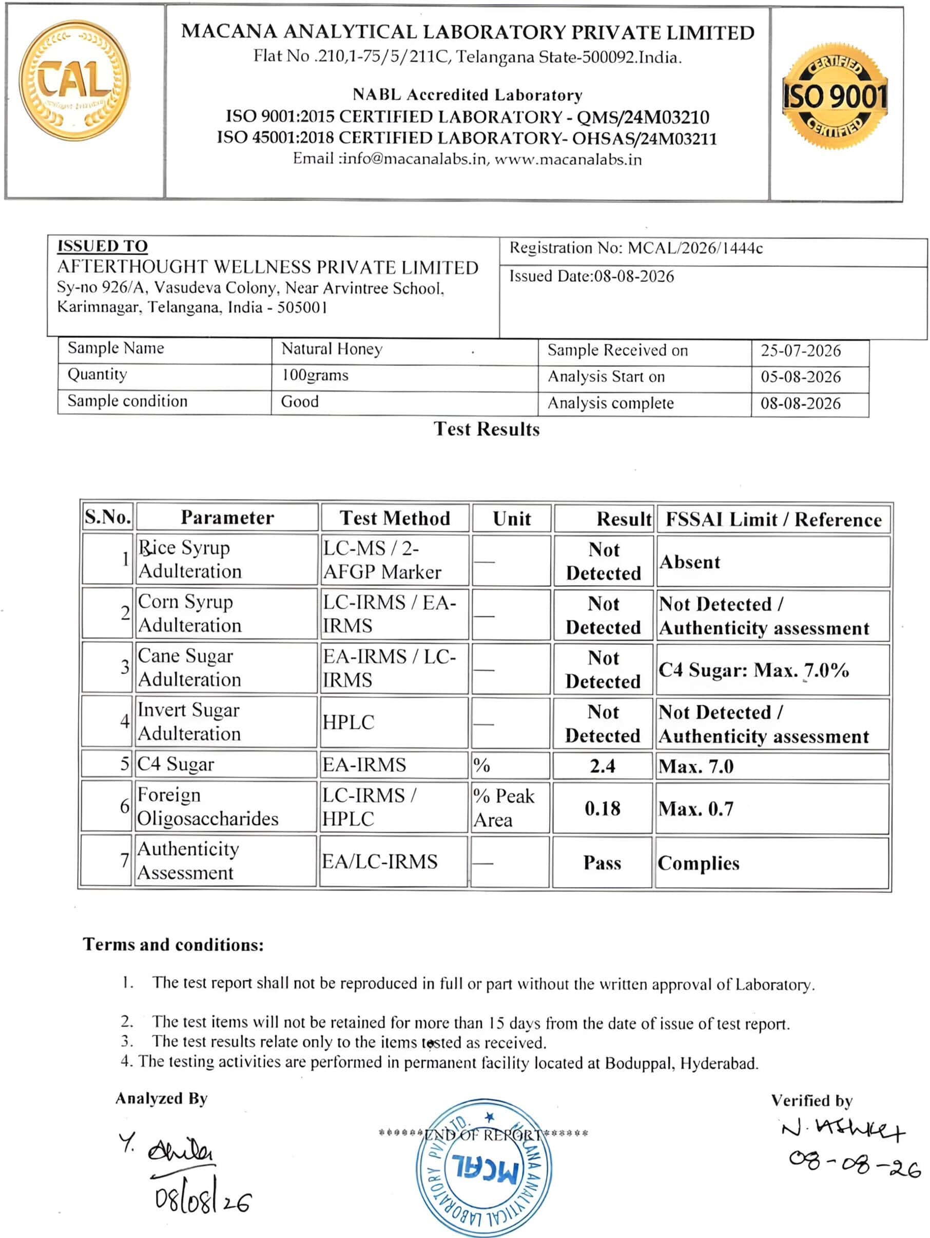 Raw Honey Latest Lab Test Report NABL
