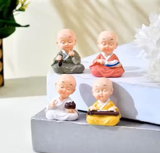 Little Baby Monk Idol Set of 4 | Cute Meditating Monk Statues for Home Decor | Peaceful Laughing Buddha Showpiece for Car Dashboard, Office & Gift  (Multicolour)