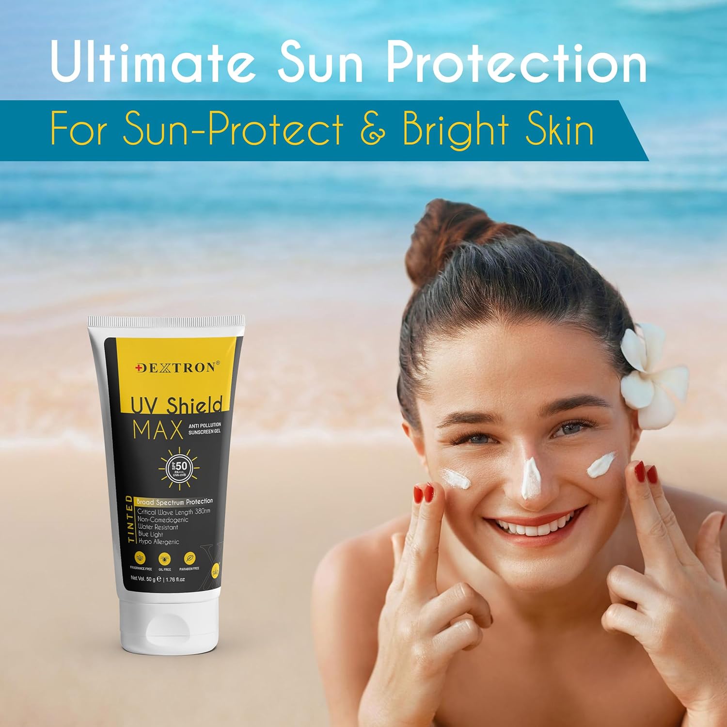 Dextron SPF50 UV Shield Max 50gm – Anti-Pollution, Broad Spectrum, Water-Resistant Sunscreen Gel for Sensitive Skin