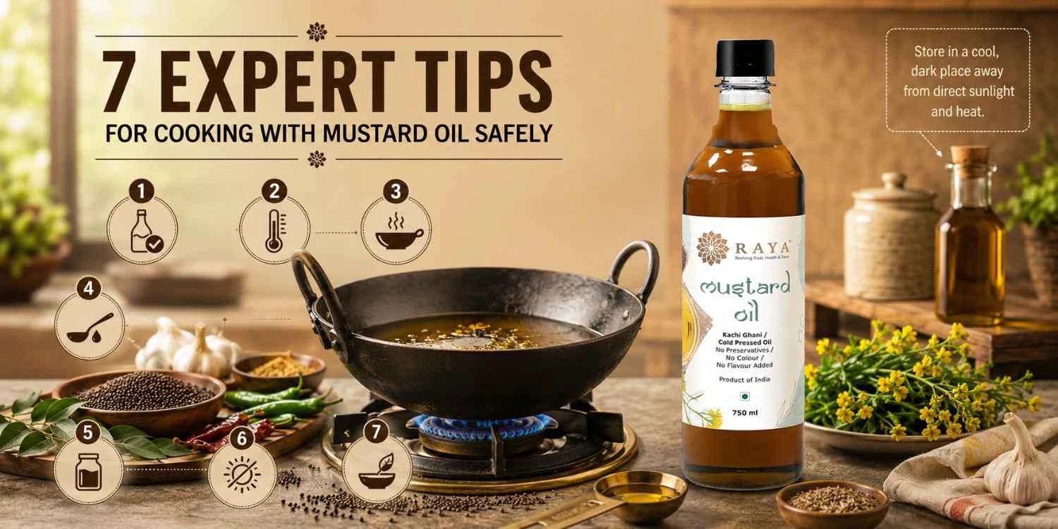 Mustard oil being safely heated in an Indian kitchen with spices and cooking ingredients.