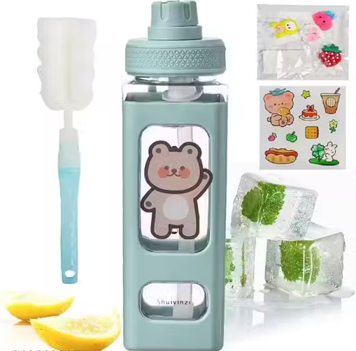 [Pack Of -1] 700ml Square Cute Kawaii Water Bottle With Straw,Bottle Cleaner Brush For Kids,Man And Women(Green)