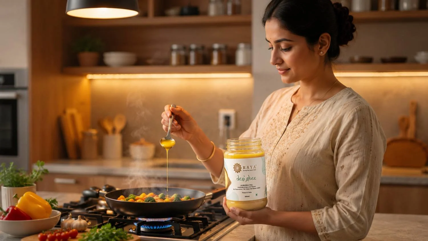 Woman cooking with traditional Bilona ghee in an Indian kitchen