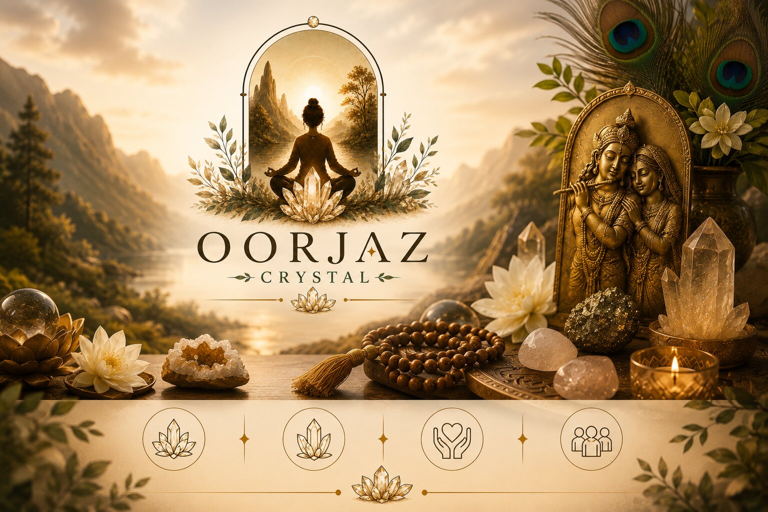 Oorjaz crystal energy collection — pyrite frames, bracelets, pens and idols