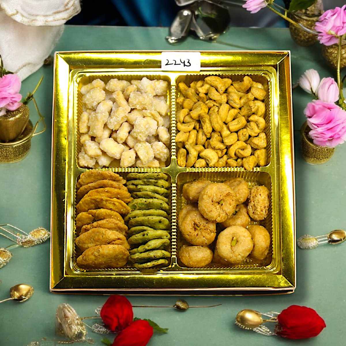 Loknath Sweets shaadi bhaji box with mithai and namkeen in a gold tray