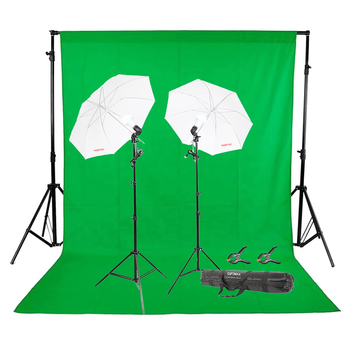 Photomax Photography 9X9FT Continuous Umbrella Studio Light Lighting Kit with Chromakey Green Screen Photo Background Backdrop Stand Support System (Single Holder Kit Set of 2 with Background Stand)