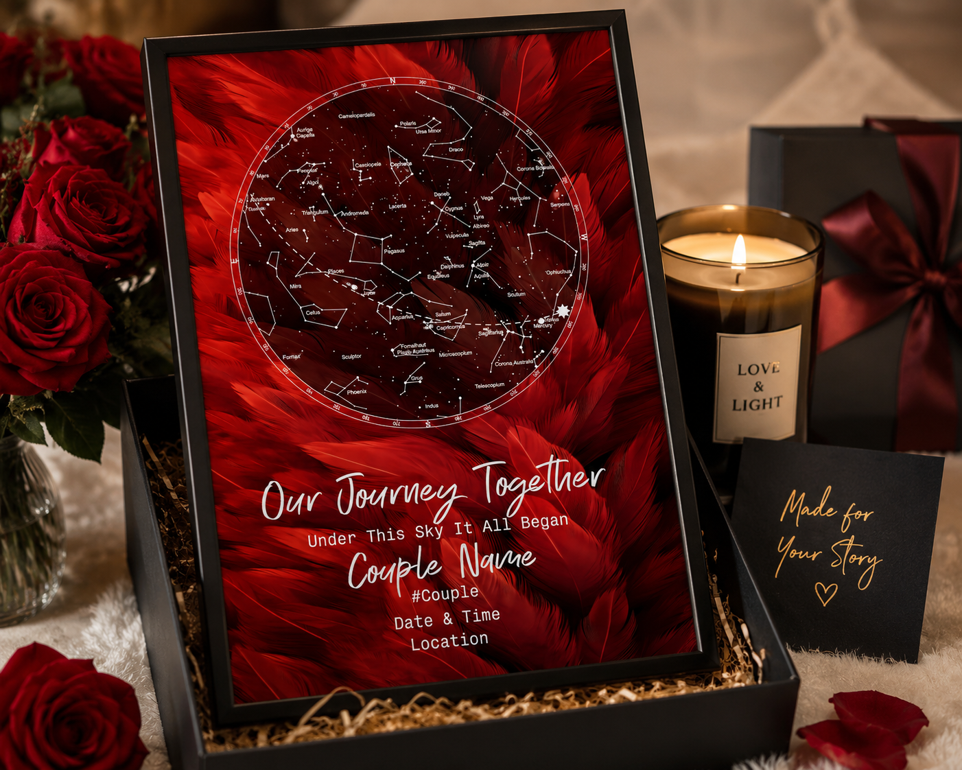 anniversary gift star map India framed – Arttive"A star map displayed as part of a gift set — framed, perhaps with a candle or flowers nearby